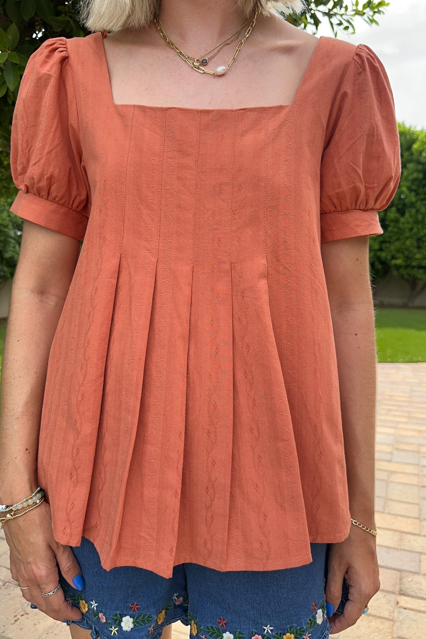 Belle Pleated 100% Cotton Blouse in Terracotta - Neutral Ground
