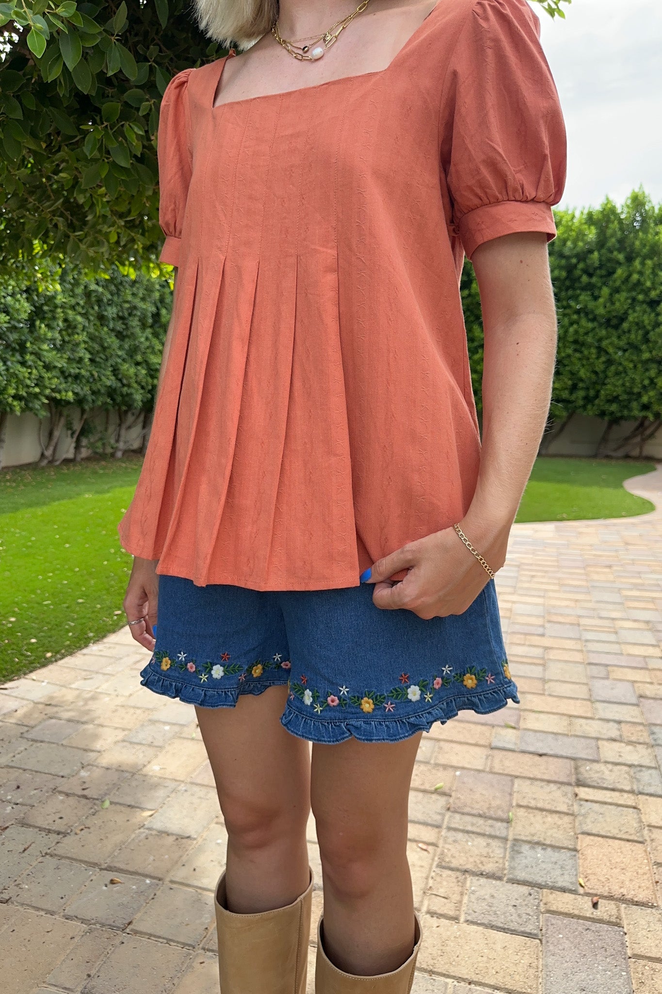 Belle Pleated 100% Cotton Blouse in Terracotta - Neutral Ground