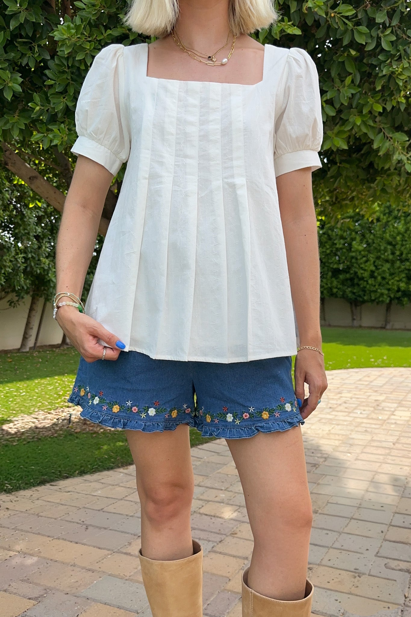 Belle Pleated 100% Cotton Blouse in White - Neutral Ground