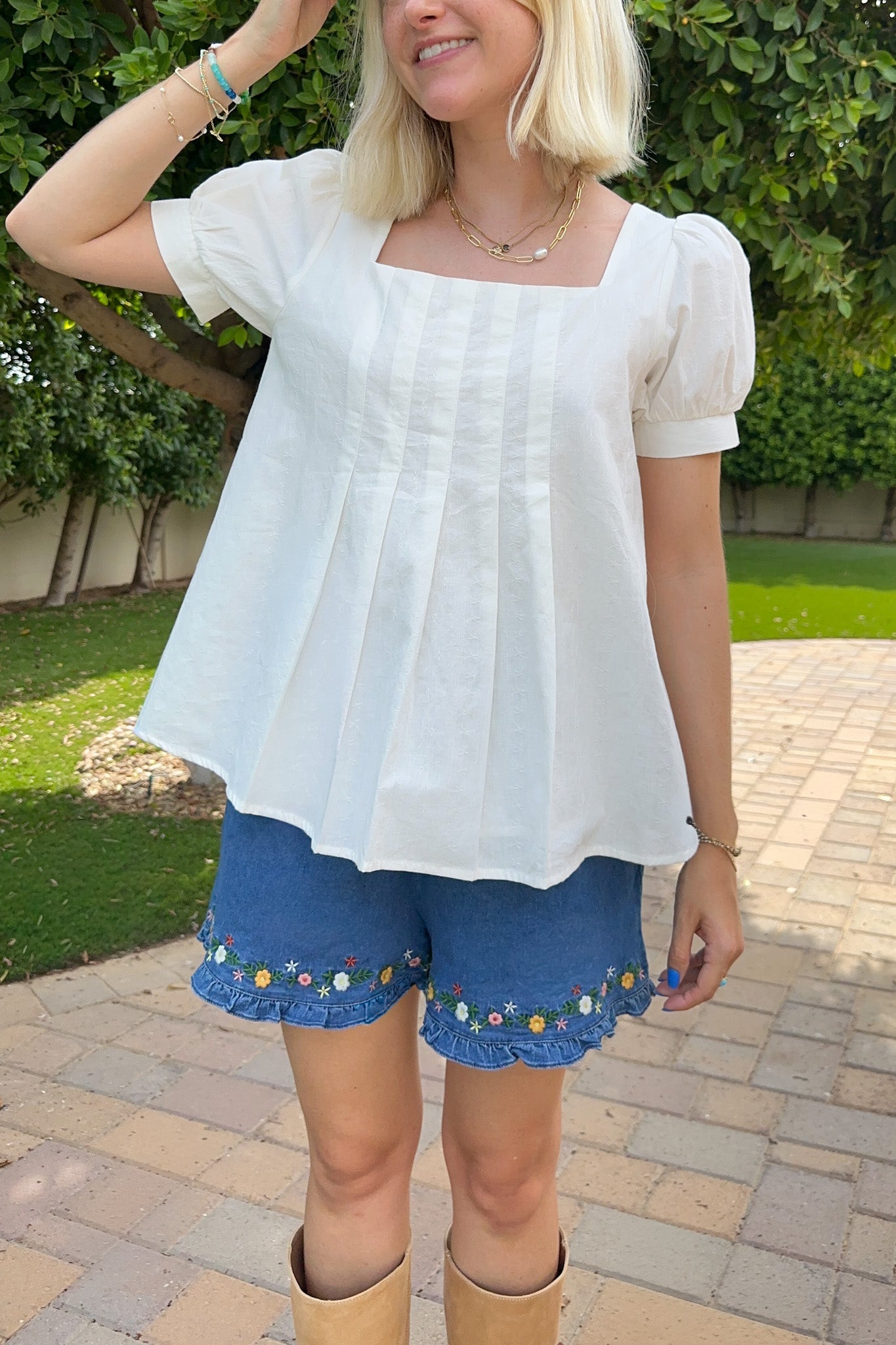 Belle Pleated 100% Cotton Blouse in White - Neutral Ground