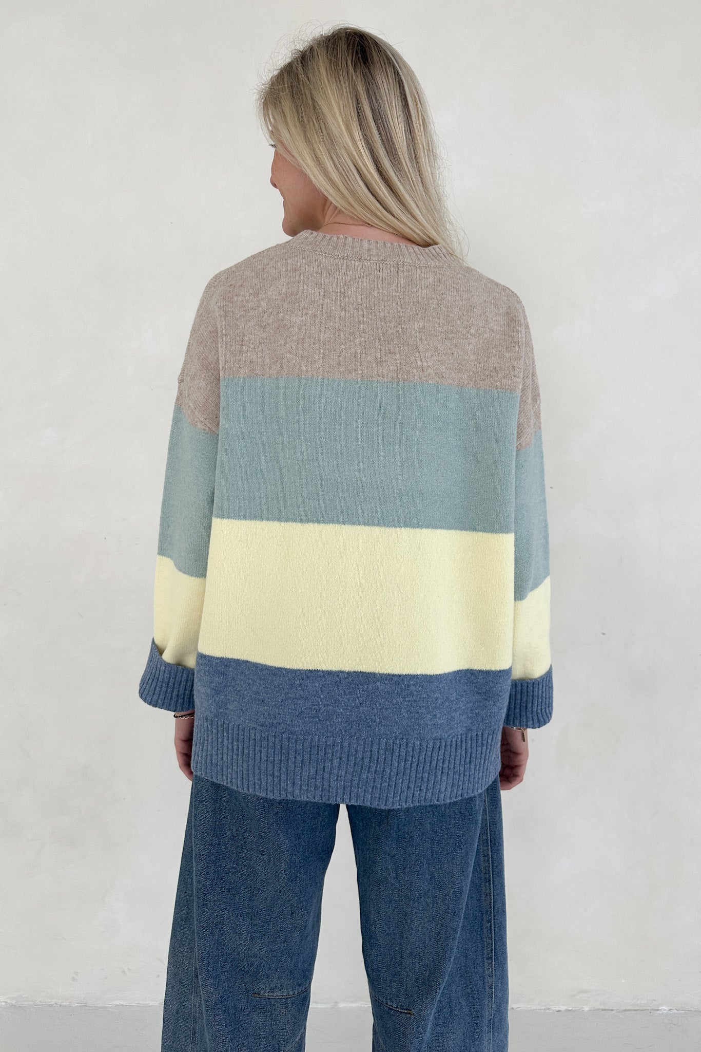 Belly Striped Color Block Crew Neck Pullover Sweater - Neutral Ground