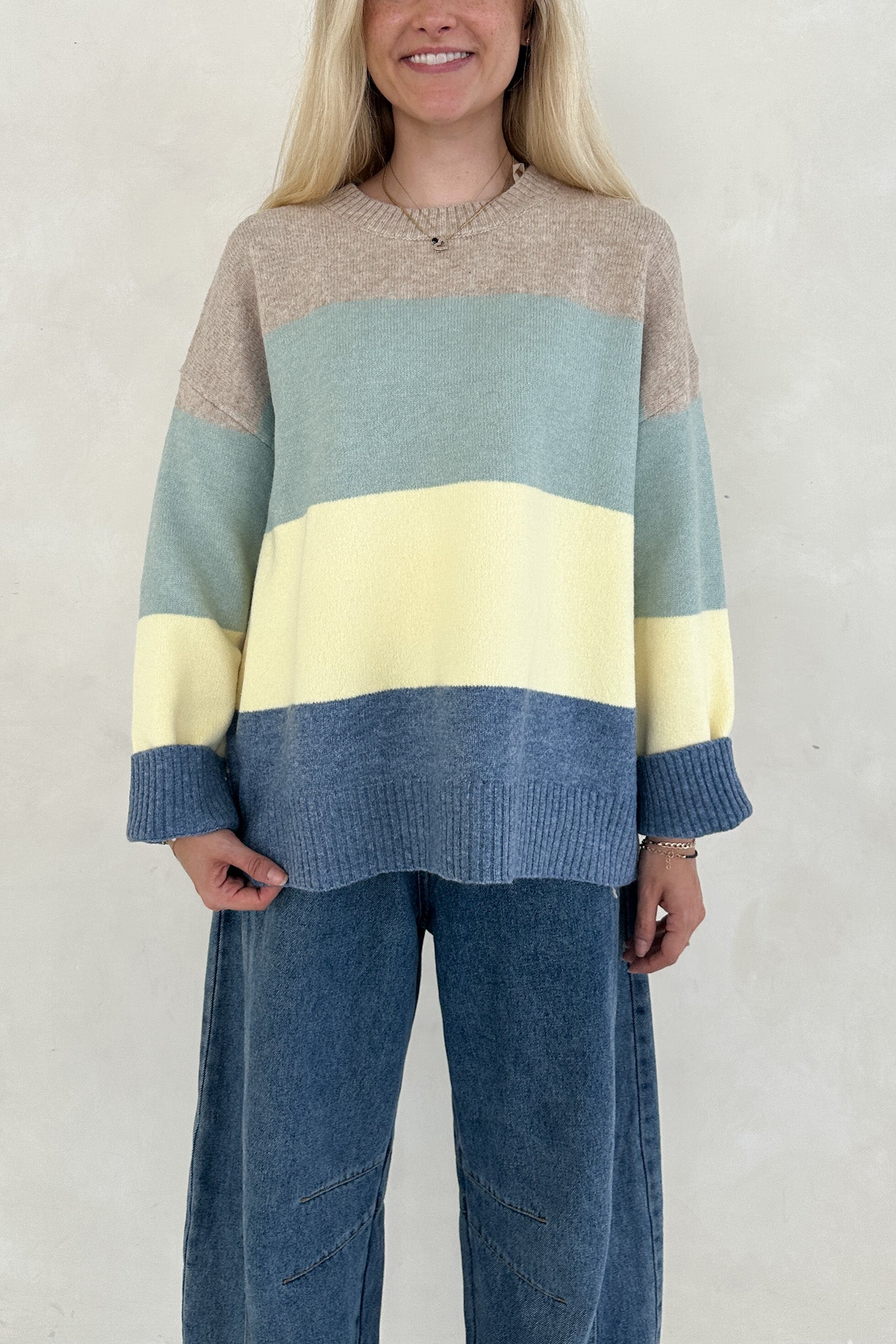 Belly Striped Color Block Crew Neck Pullover Sweater - Neutral Ground