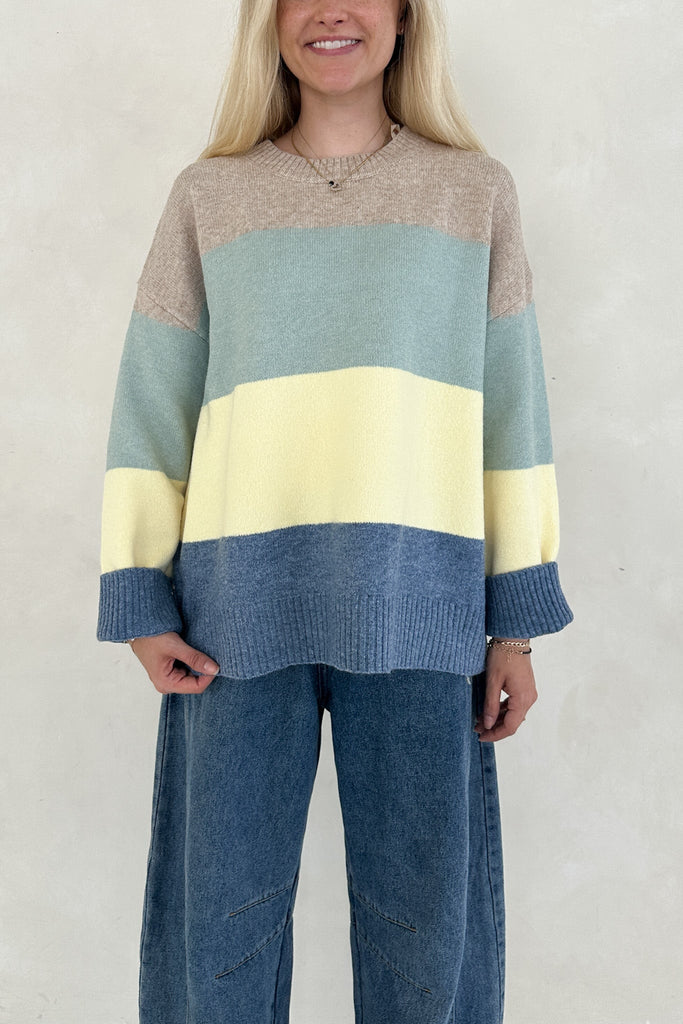 Belly Striped Color Block Crew Neck Pullover Sweater - Neutral Ground