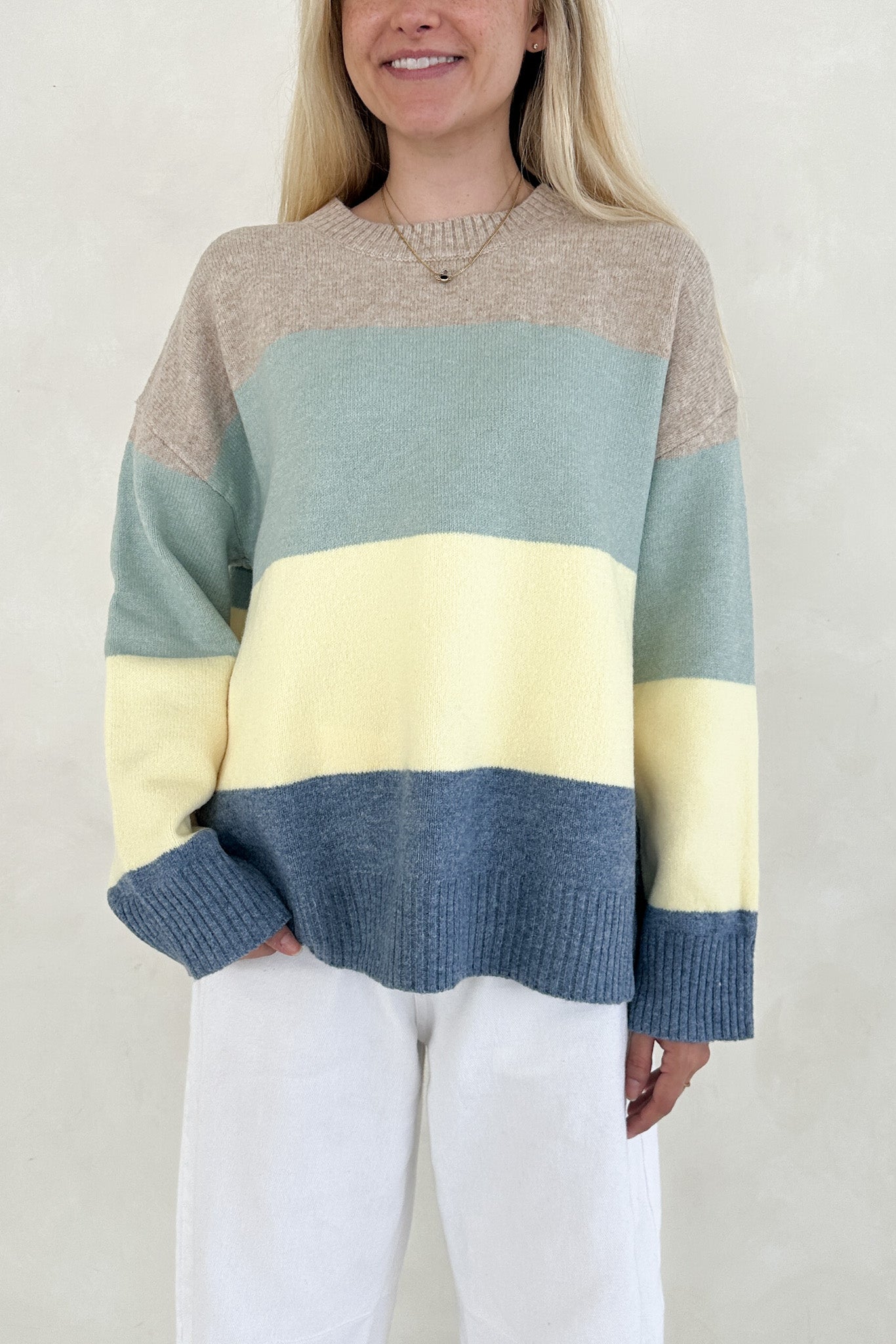 Belly Striped Color Block Crew Neck Pullover Sweater - Neutral Ground