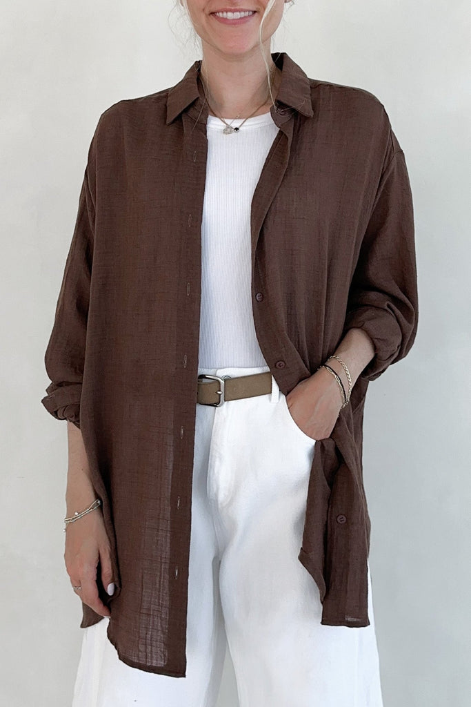 Blakely Button Down in Chocolate - Neutral Ground
