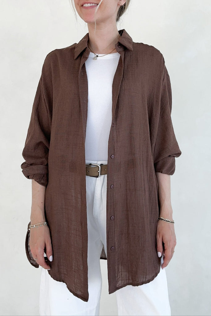 Blakely Button Down in Chocolate - Neutral Ground