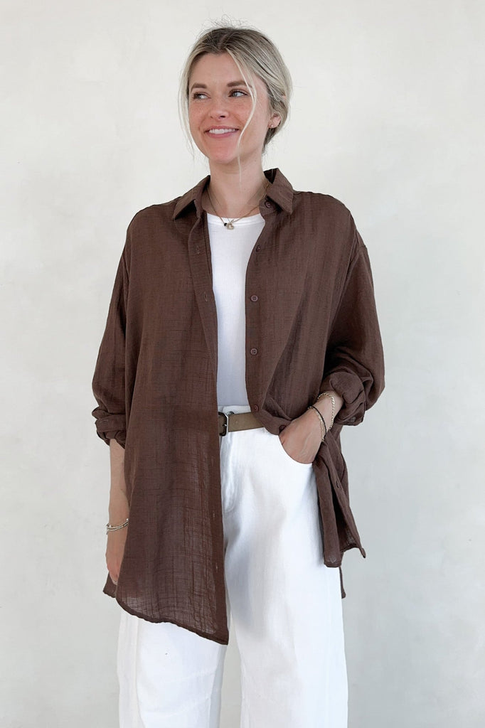 Blakely Button Down in Chocolate - Neutral Ground