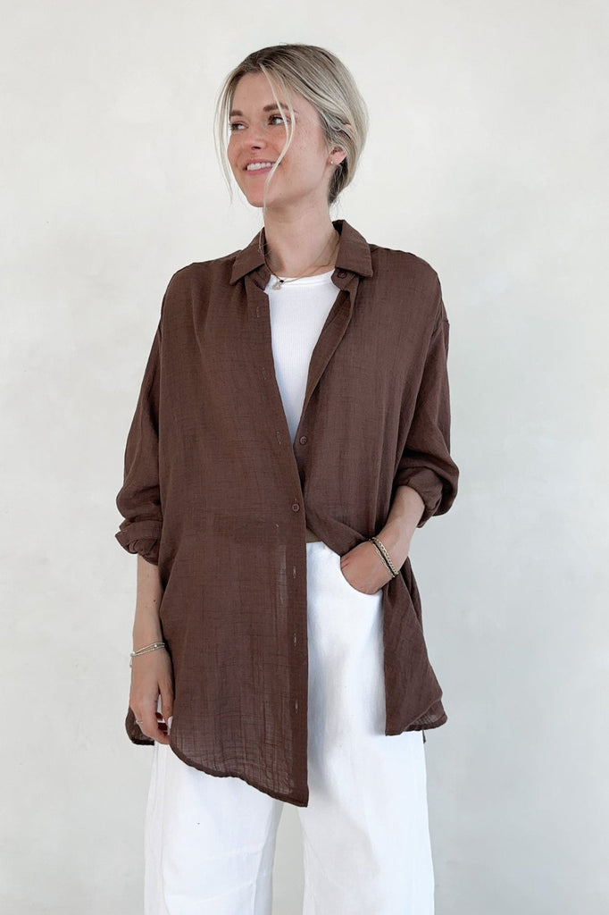 Blakely Button Down in Chocolate - Neutral Ground