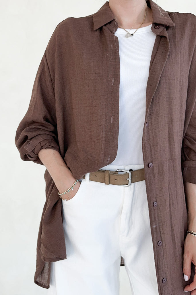 Blakely Button Down in Chocolate - Neutral Ground
