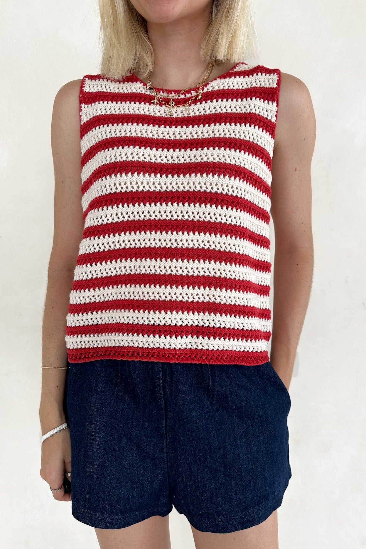 Boardwalk Red & White Stripe Crochet Knit Top - Neutral Ground