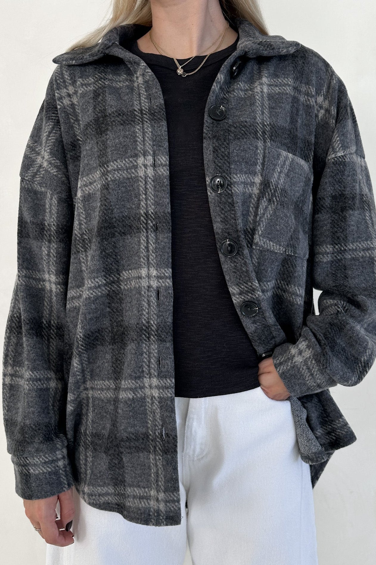 Cabin Time Grey Plaid Button Down Shirt Jacket - Neutral Ground