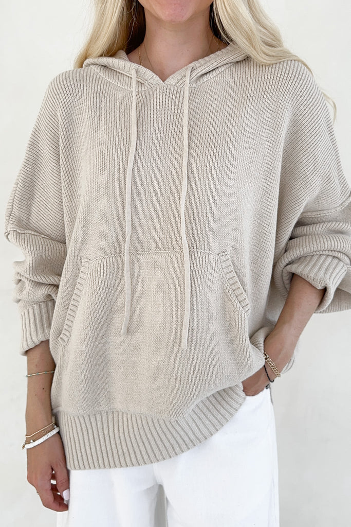 Cami Knit Hooded Sweater in Oatmeal - Neutral Ground