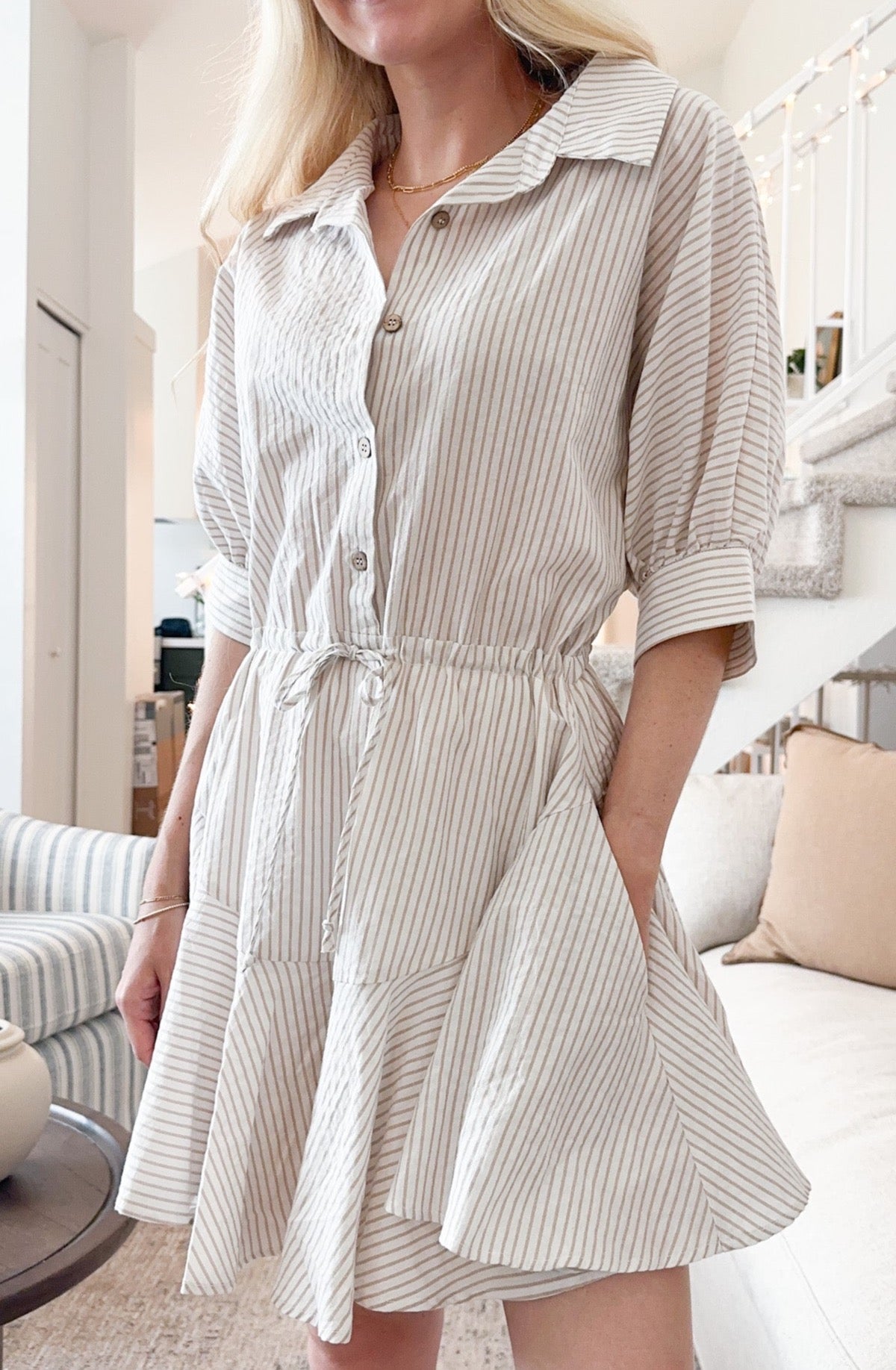 Cammy Striped Buttondown Dress - Neutral Ground