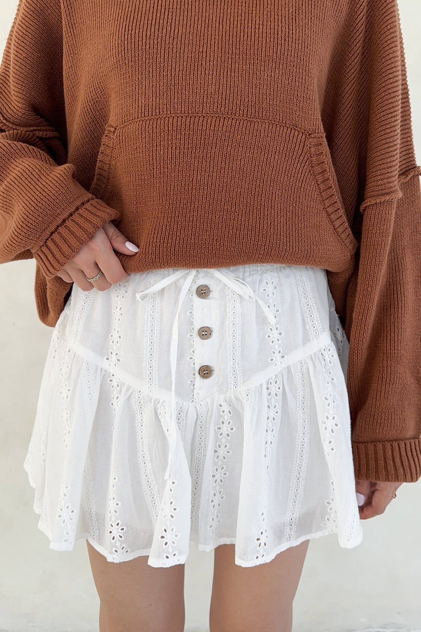 Caris Drawstring Waist Eyelet Mini Skort - Neutral Ground