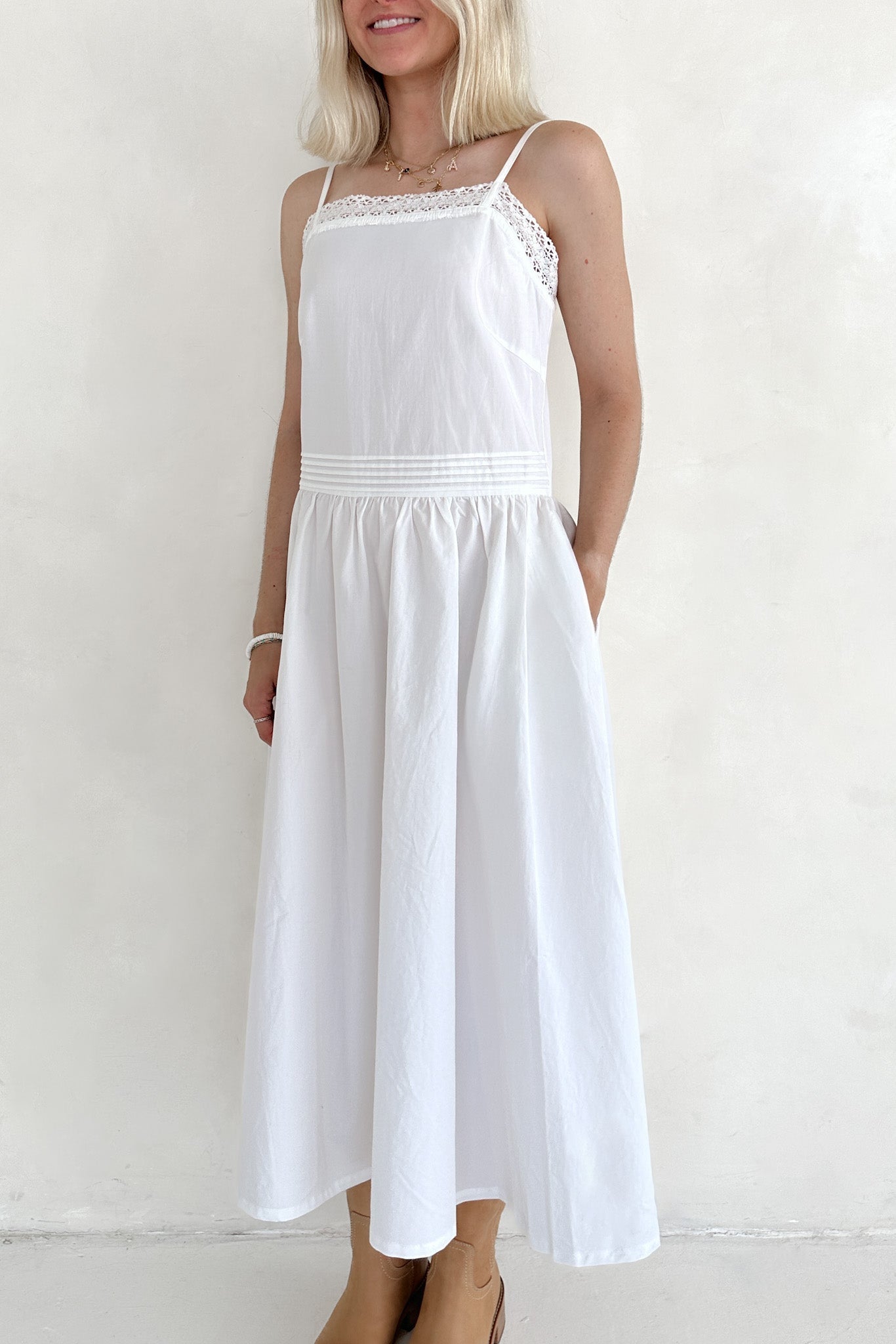 Charlotte Lace Inset Cotton Midi Dress - Neutral Ground