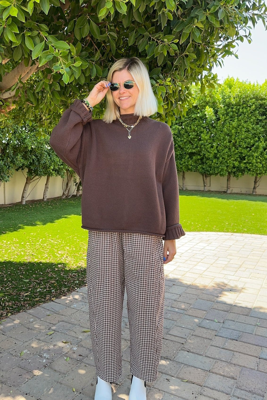 Chelsea Checkered Barrel Pant in Espresso - Neutral Ground