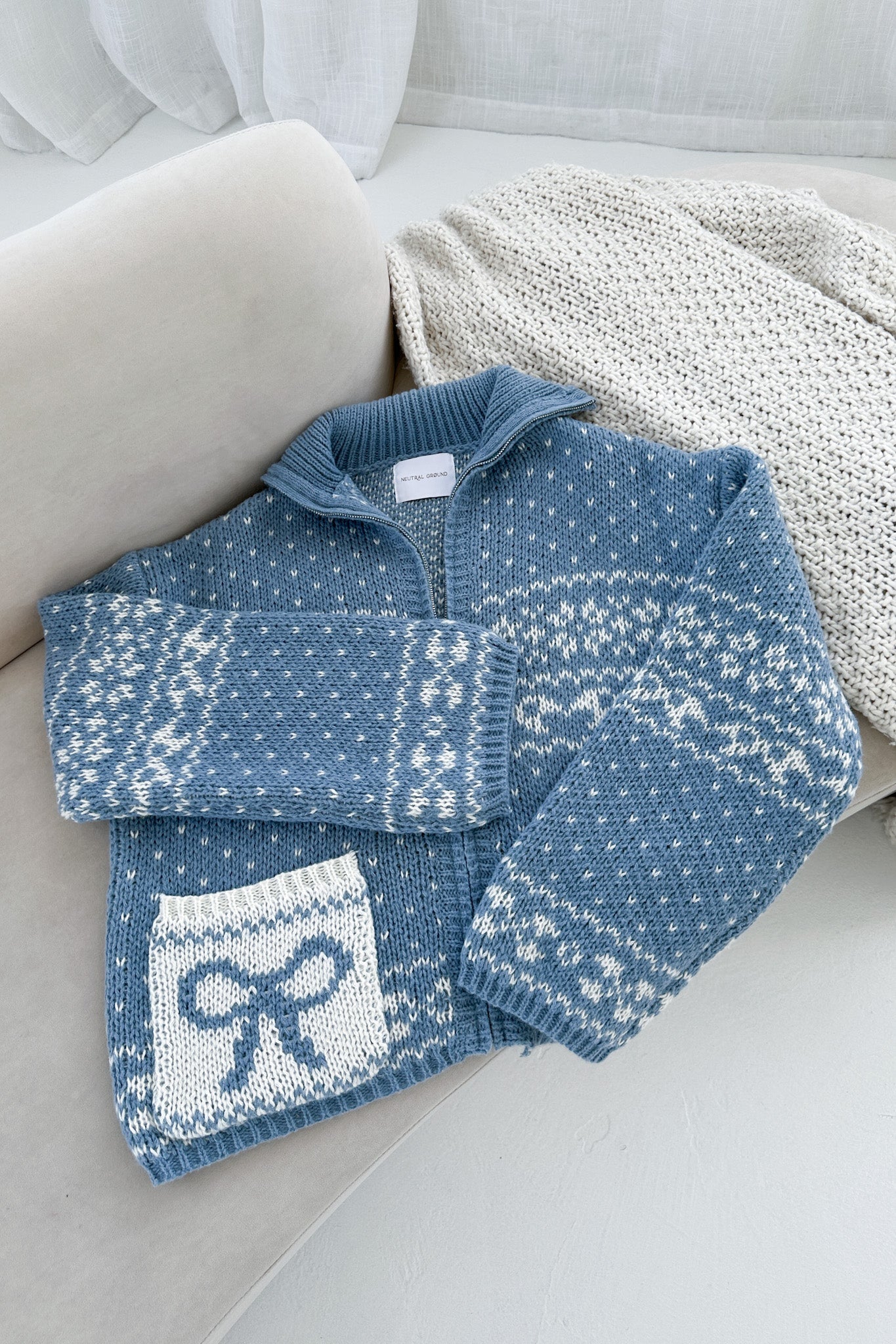 Claire Ribbon Zip Up Cardigan in Dusty Blue - Neutral Ground