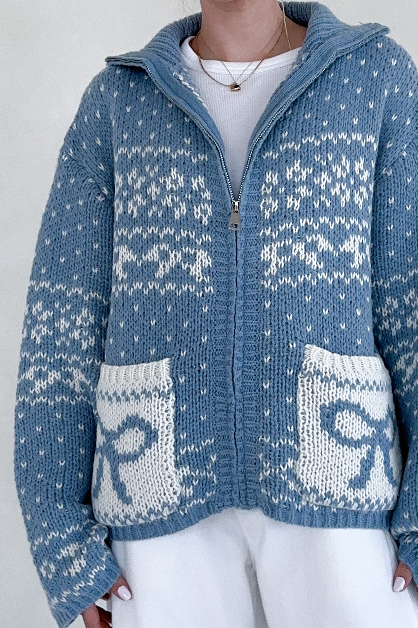 Claire Ribbon Zip Up Cardigan in Dusty Blue - Neutral Ground