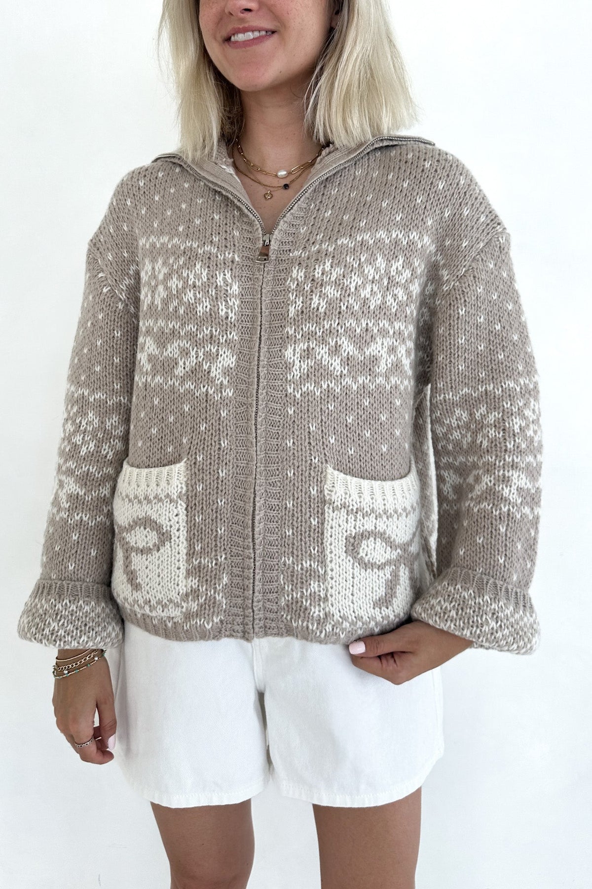 Claire Ribbon Zip Up Cardigan in Neutral - Neutral Ground