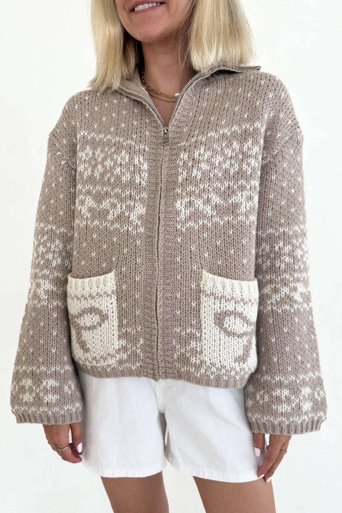 Claire Ribbon Zip Up Cardigan in Neutral - Neutral Ground