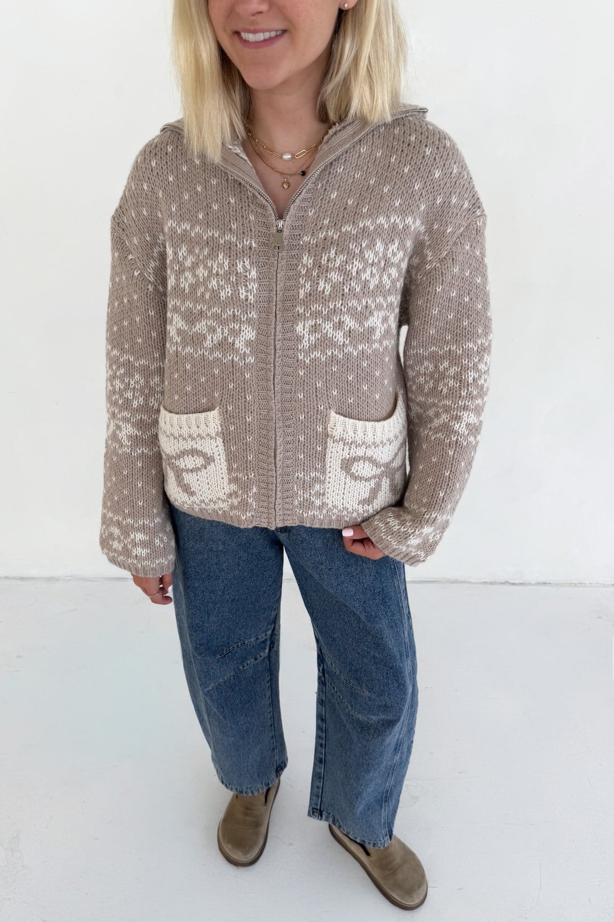 Claire Ribbon Zip Up Cardigan in Neutral - Neutral Ground