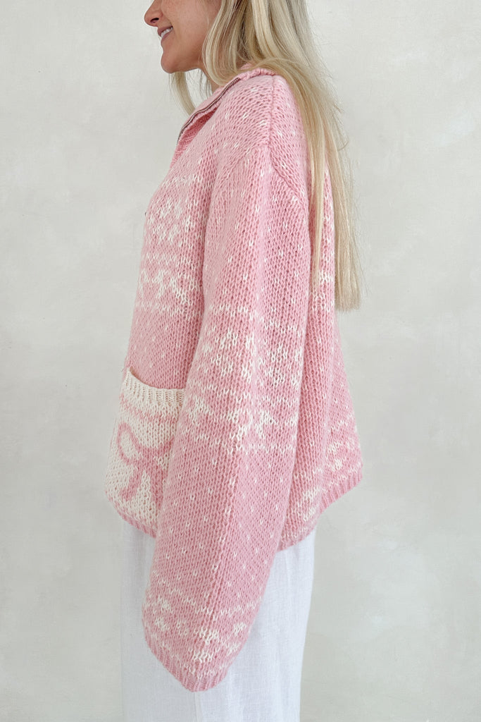 Claire Ribbon Zip Up Cardigan in Sweet Pink - Neutral Ground