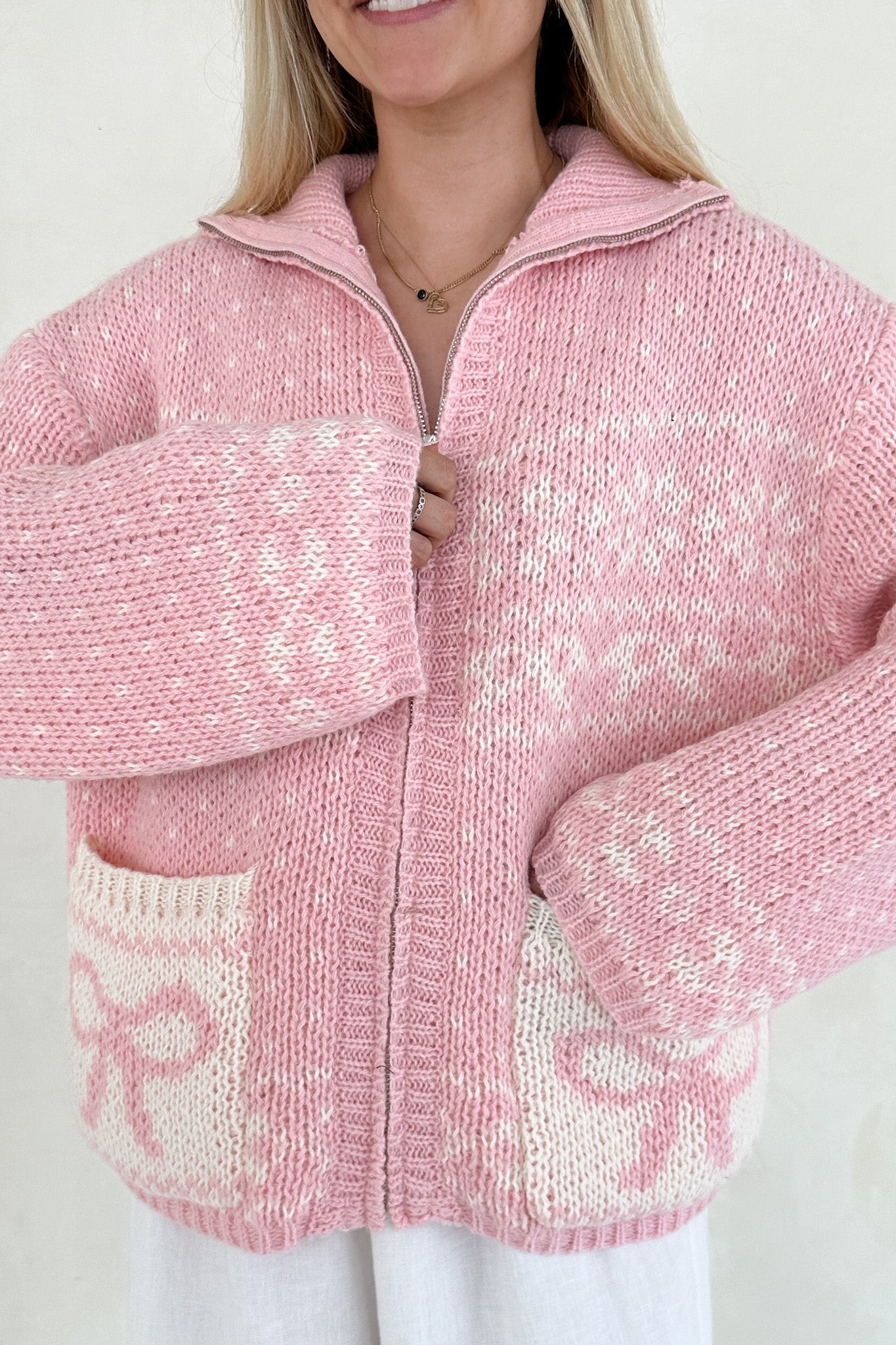 Claire Ribbon Zip Up Cardigan in Sweet Pink - Neutral Ground