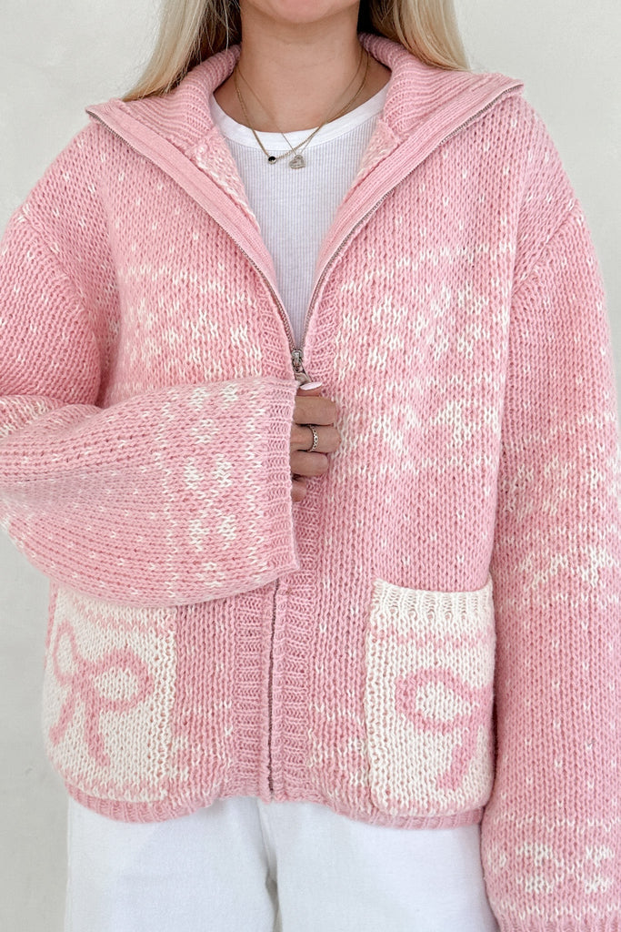 Claire Ribbon Zip Up Cardigan in Sweet Pink - Neutral Ground