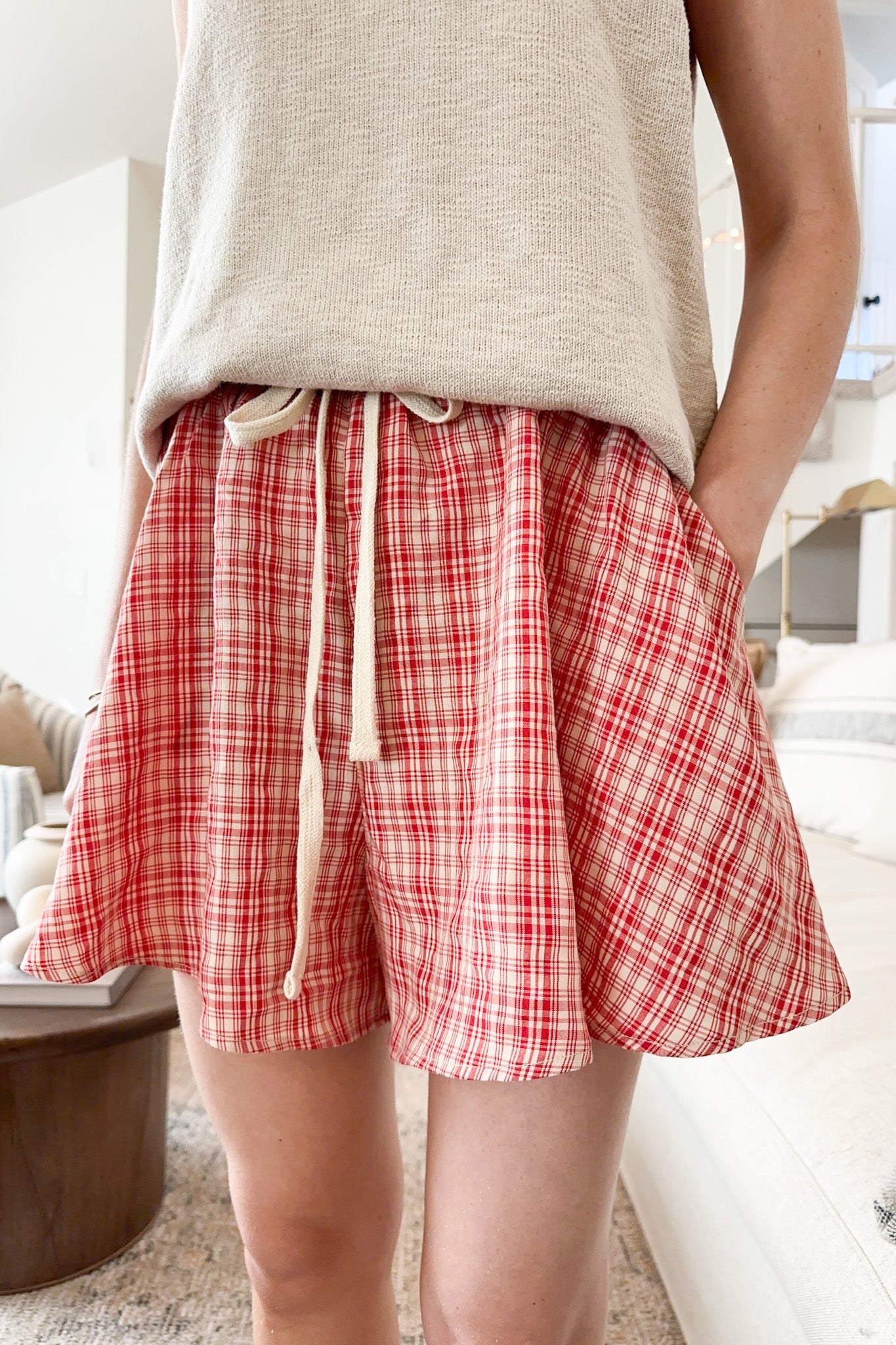 Clara Flowy Plaid Shorts in Beige and Red - Neutral Ground