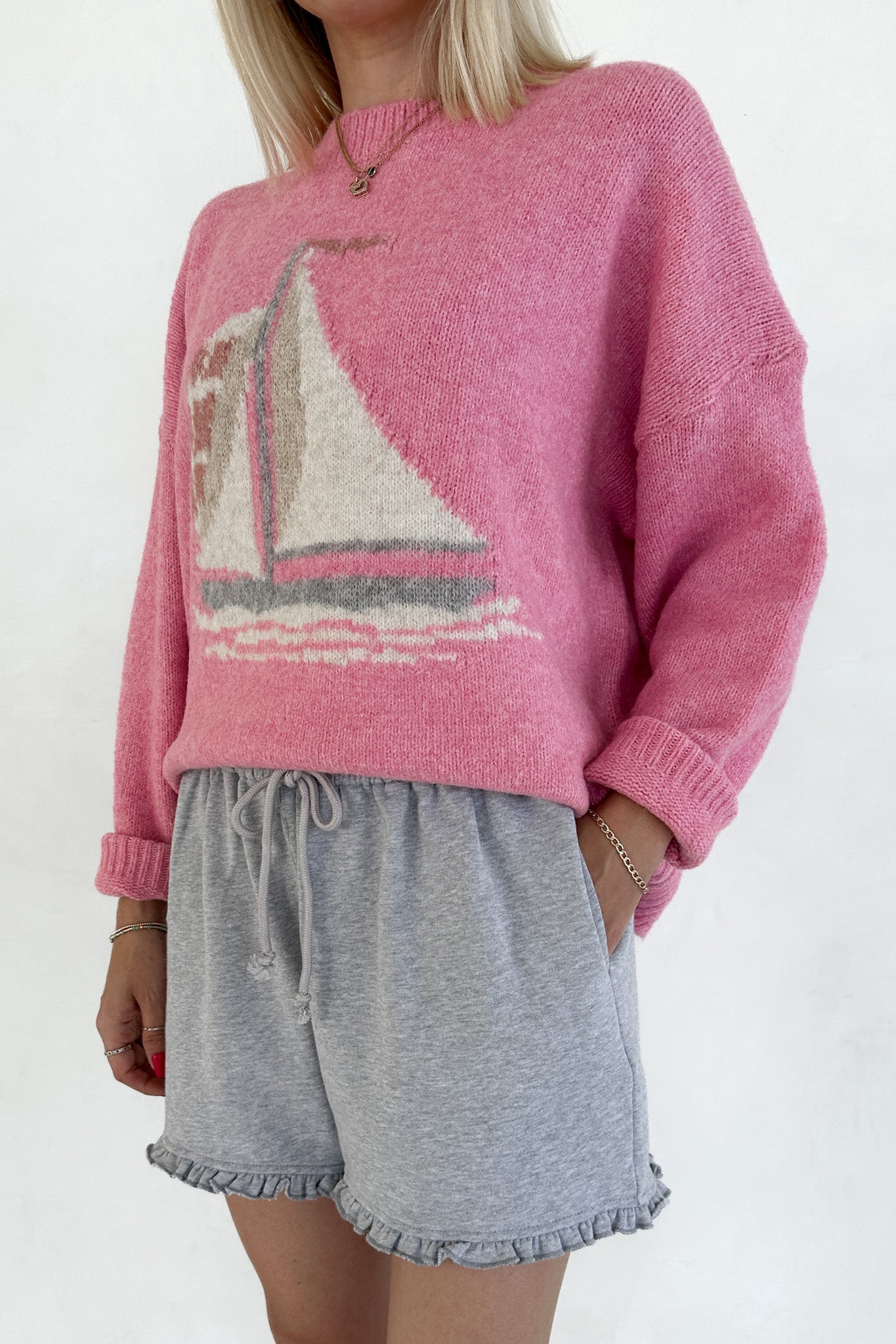 Clementine Ruffle Hem Knit Shorts in Grey - Neutral Ground