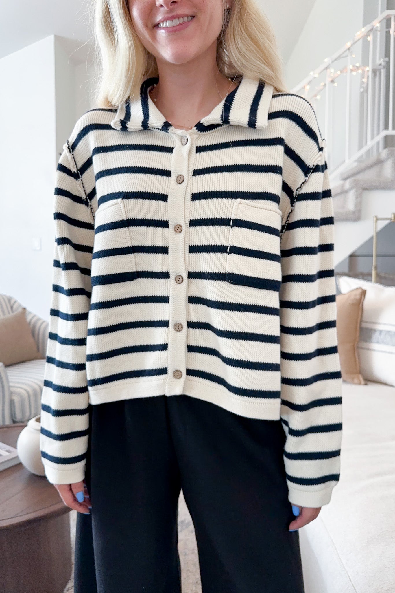 Cleo Striped Button Down Knit Cardigan - Neutral Ground