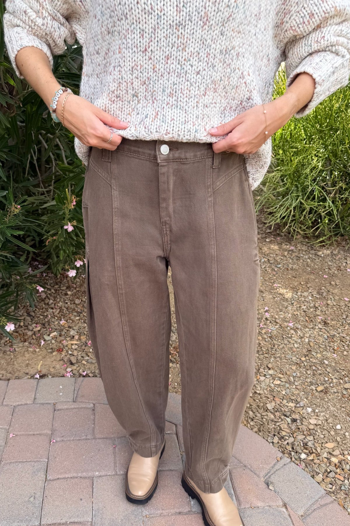 Cloud Nine Pleated Barrel Leg Jeans - Neutral Ground