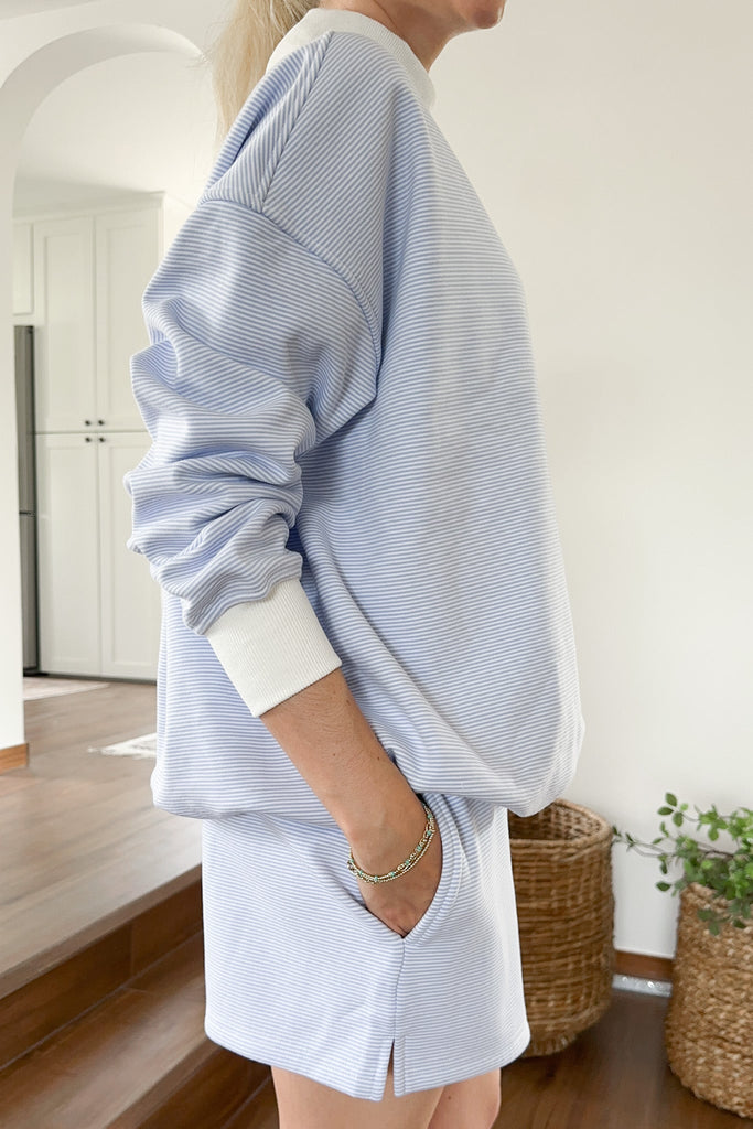 Coastal Blue and White Mini Striped Mockneck Sweatshirt - Neutral Ground