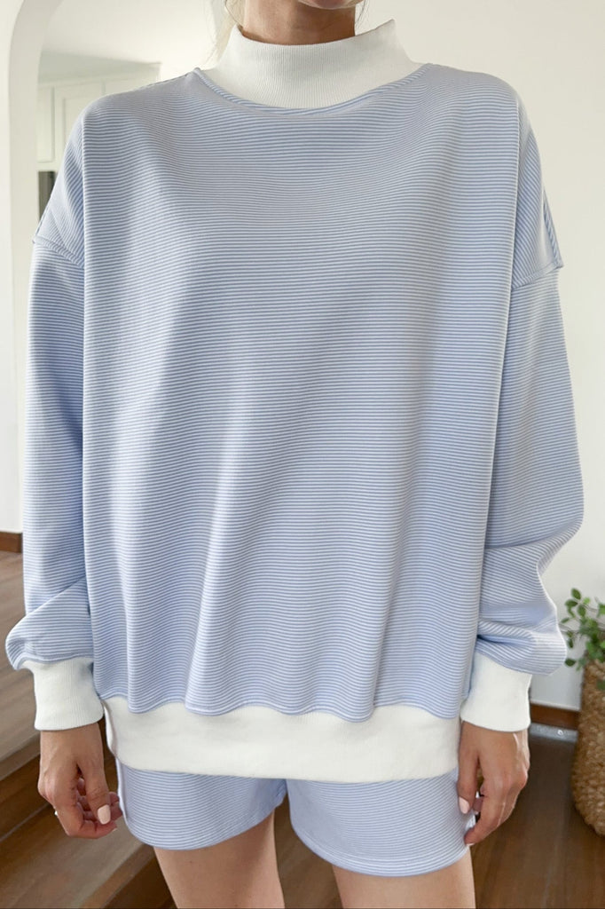 Coastal Blue and White Mini Striped Mockneck Sweatshirt - Neutral Ground