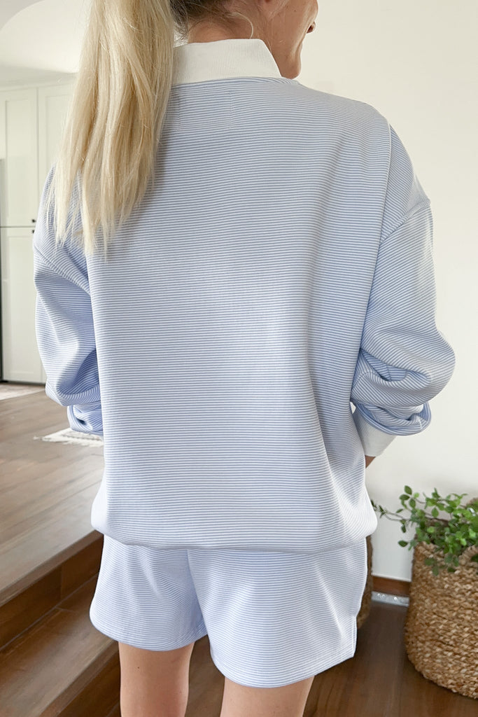 Coastal Blue and White Mini Striped Mockneck Sweatshirt - Neutral Ground
