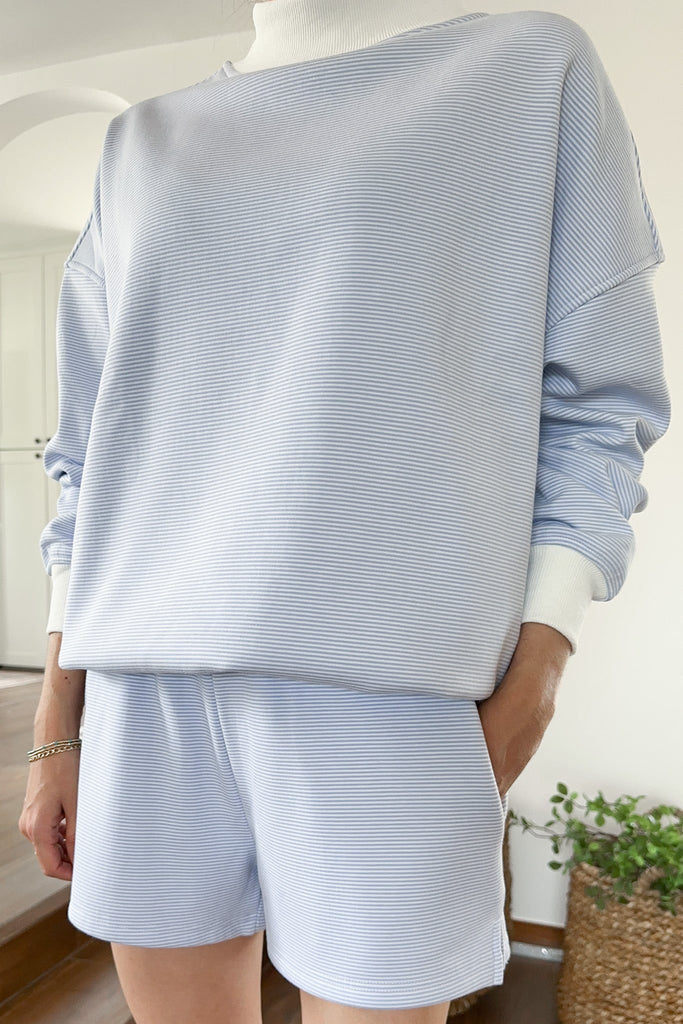 Coastal Blue and White Mini Striped Mockneck Sweatshirt - Neutral Ground