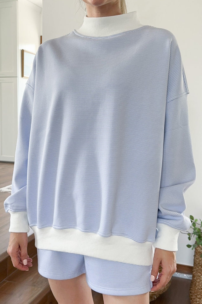 Coastal Blue and White Mini Striped Mockneck Sweatshirt - Neutral Ground