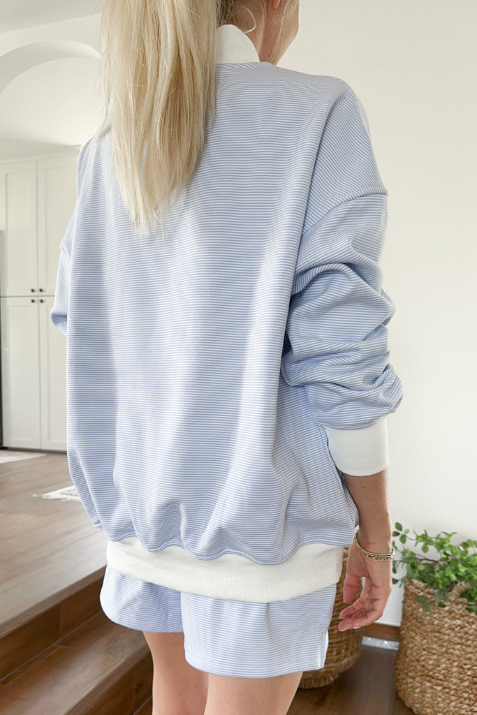 Coastal Blue and White Mini Striped Mockneck Sweatshirt - Neutral Ground