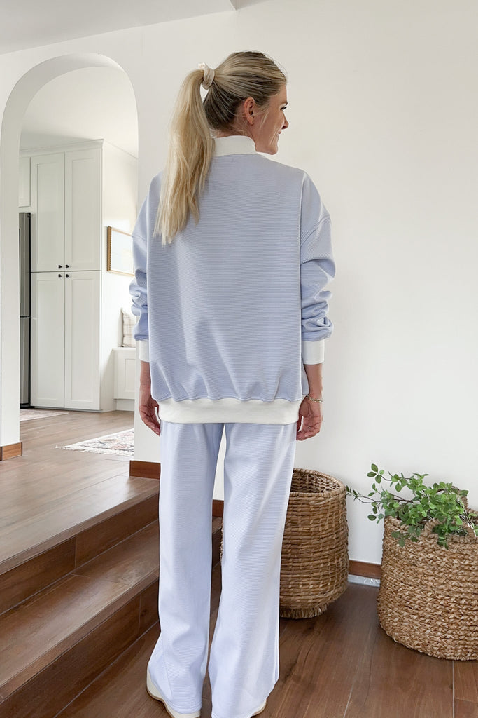 Coastal Blue and White Mini Striped Mockneck Sweatshirt - Neutral Ground