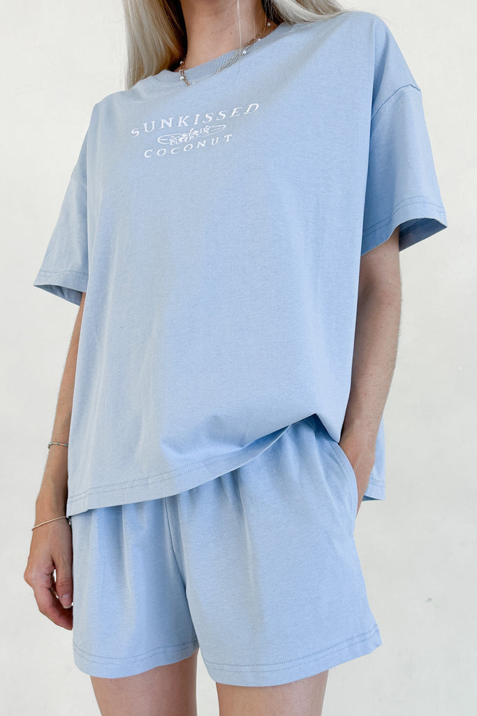 Coconut Embroidered Tee in Coastal Blue - Neutral Ground