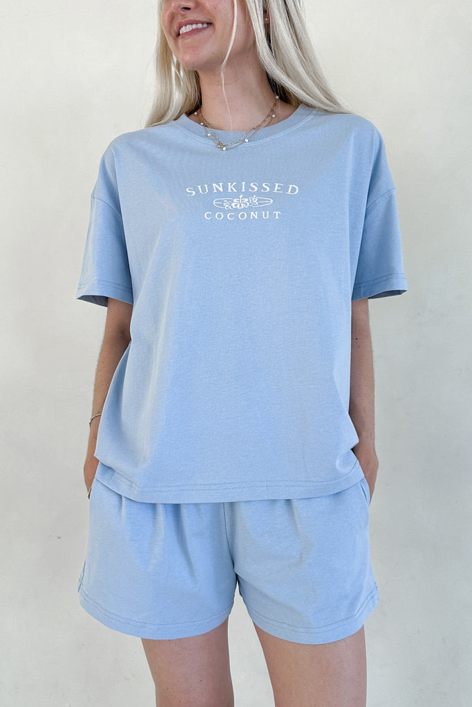 Coconut Embroidered Tee in Coastal Blue - Neutral Ground