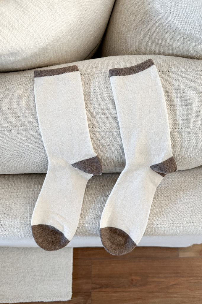 Colorblock Cashmere Blend Crew Socks in Cream and Mocha - Neutral Ground