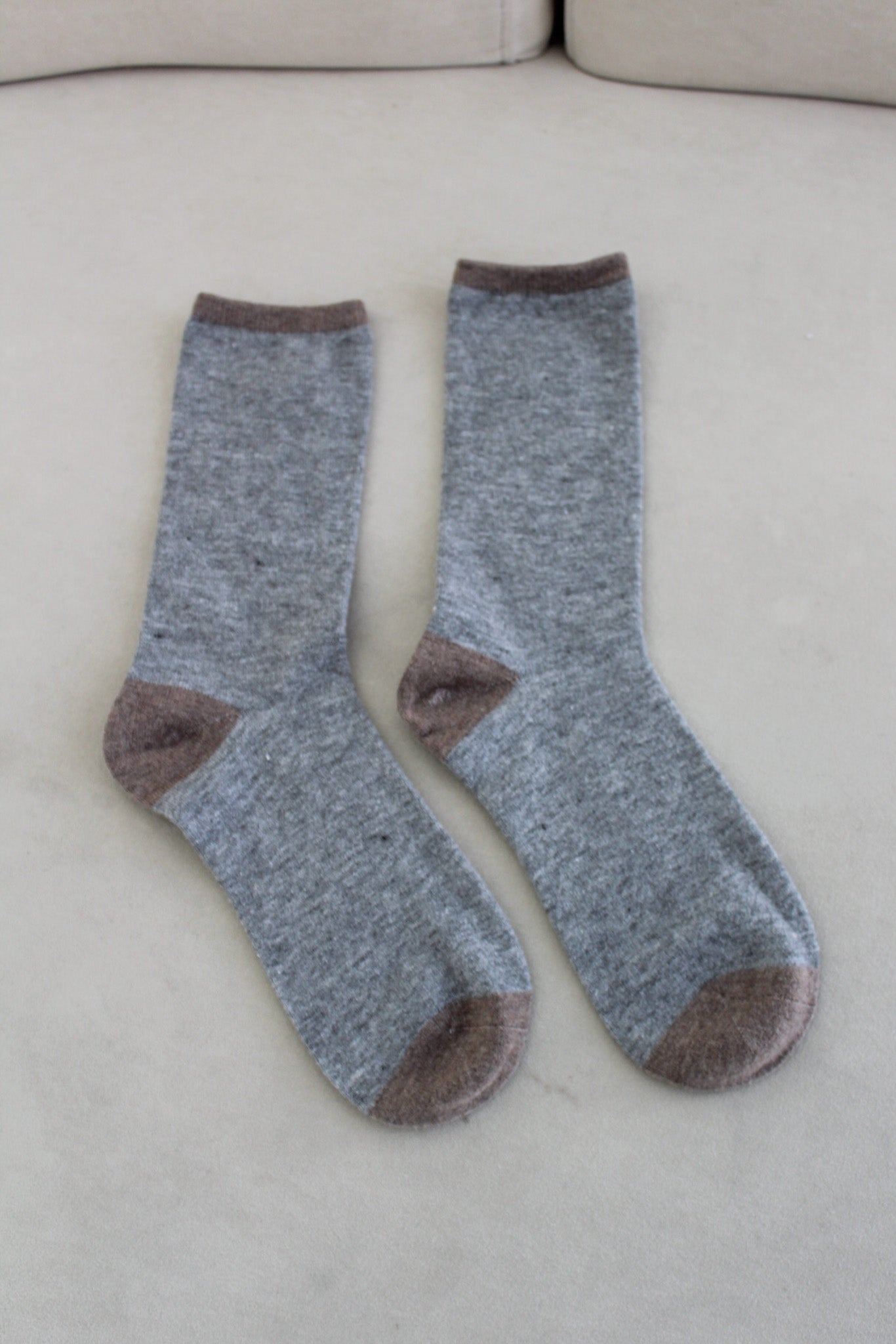 Colorblock Cashmere Blend Crew Socks in Heather Grey and Mocha - Neutral Ground
