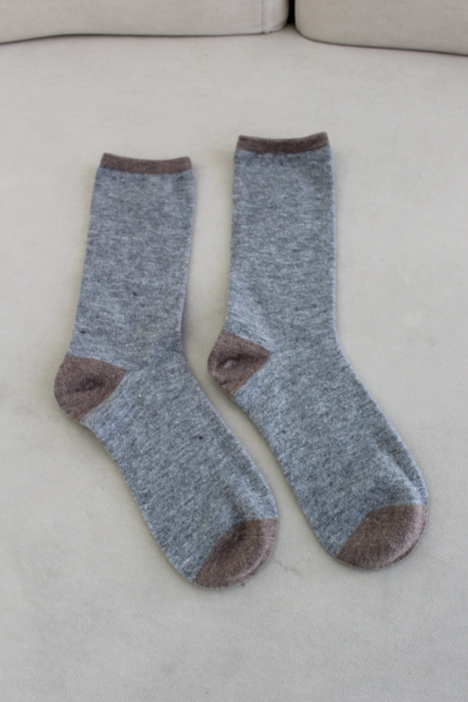Colorblock Cashmere Blend Crew Socks in Heather Grey and Mocha - Neutral Ground