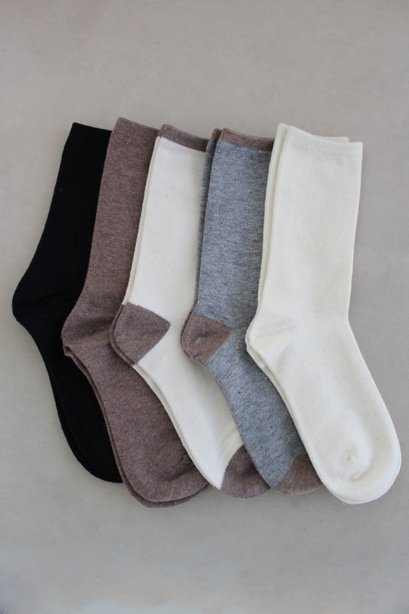 Colorblock Cashmere Blend Crew Socks in Heather Grey and Mocha - Neutral Ground