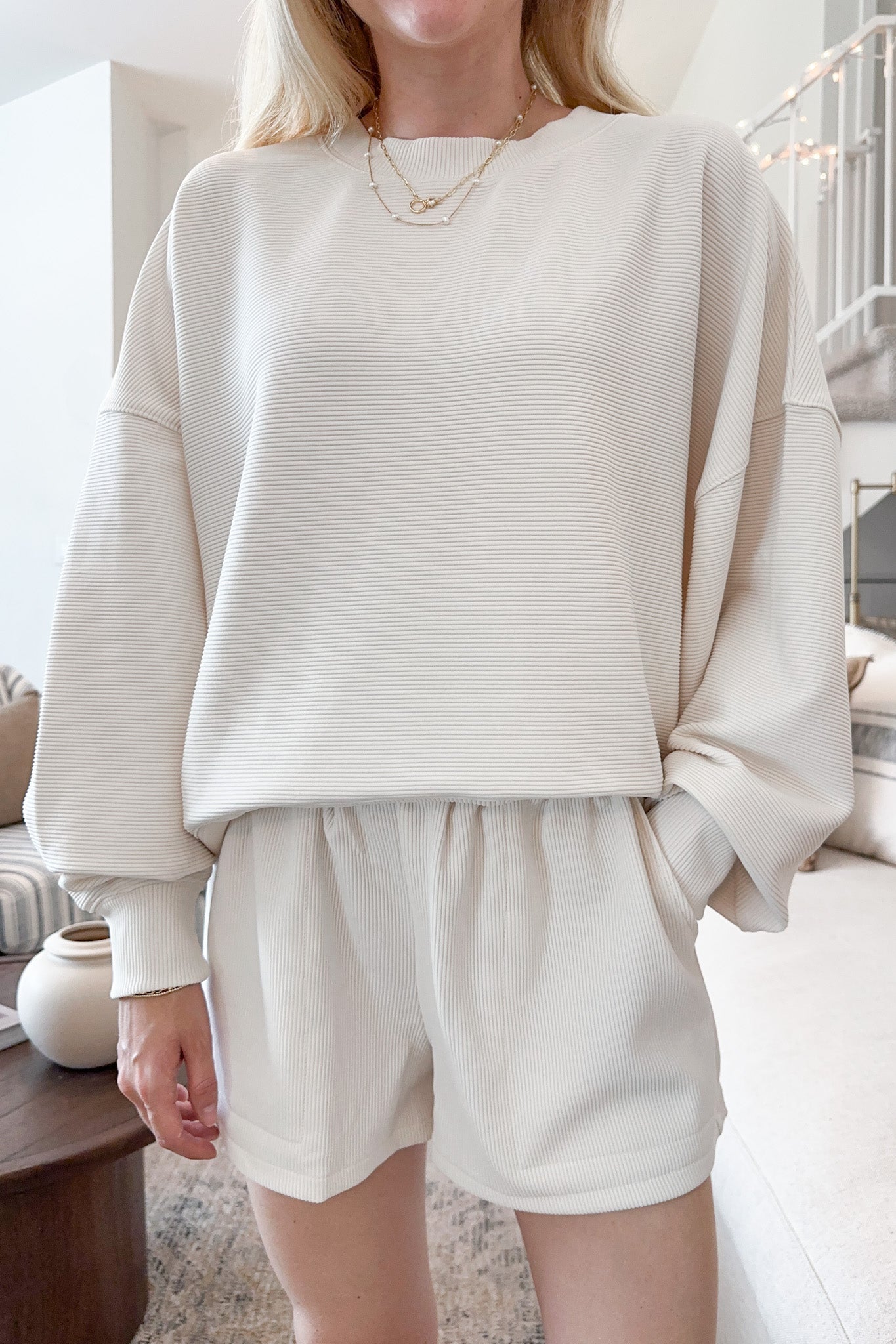 Cosette Lightweight Ribbed Shorts in Ivory - Neutral Ground