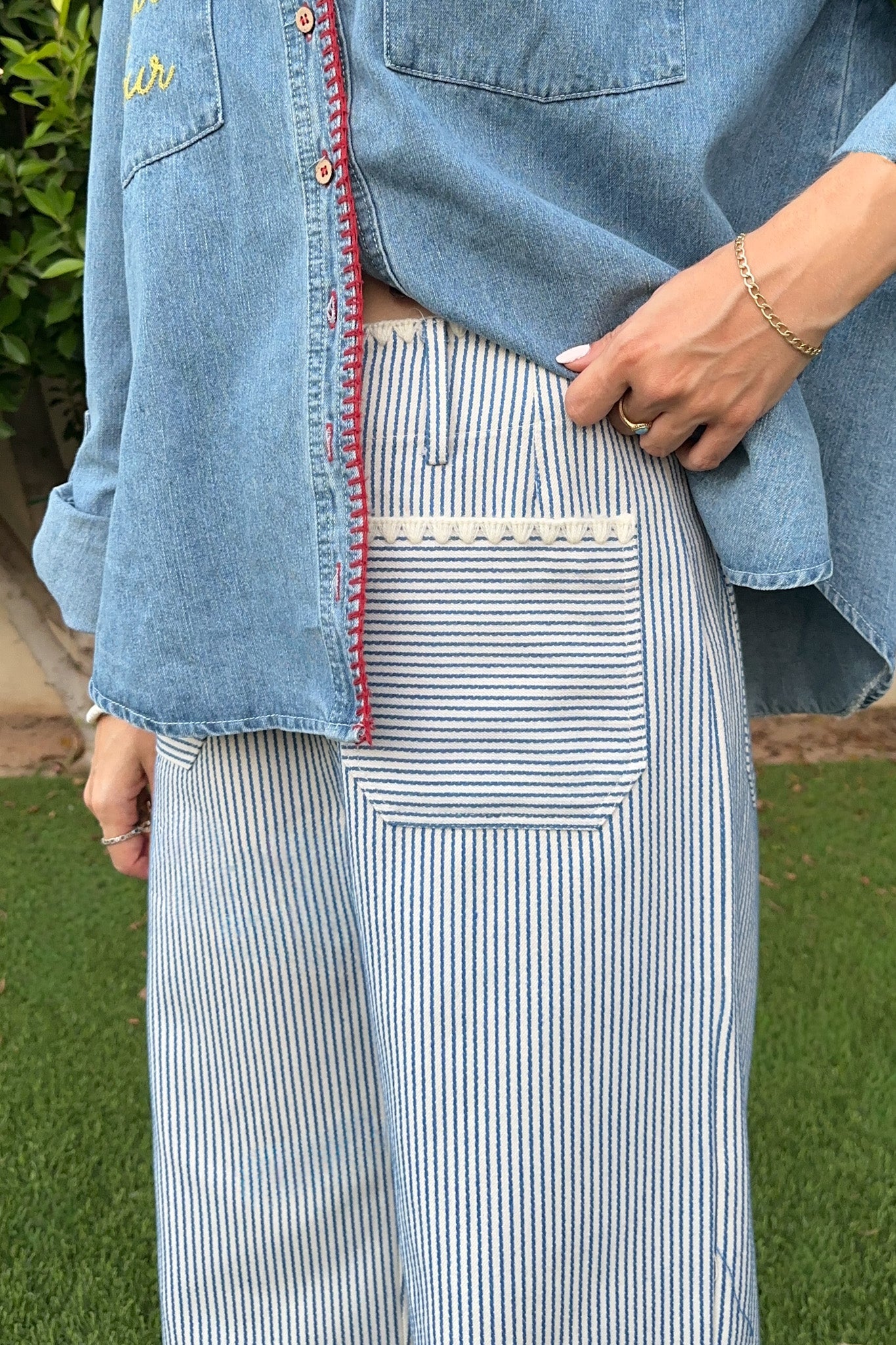 Cosette Striped Cotton Stitched Wide Leg Pants - Neutral Ground