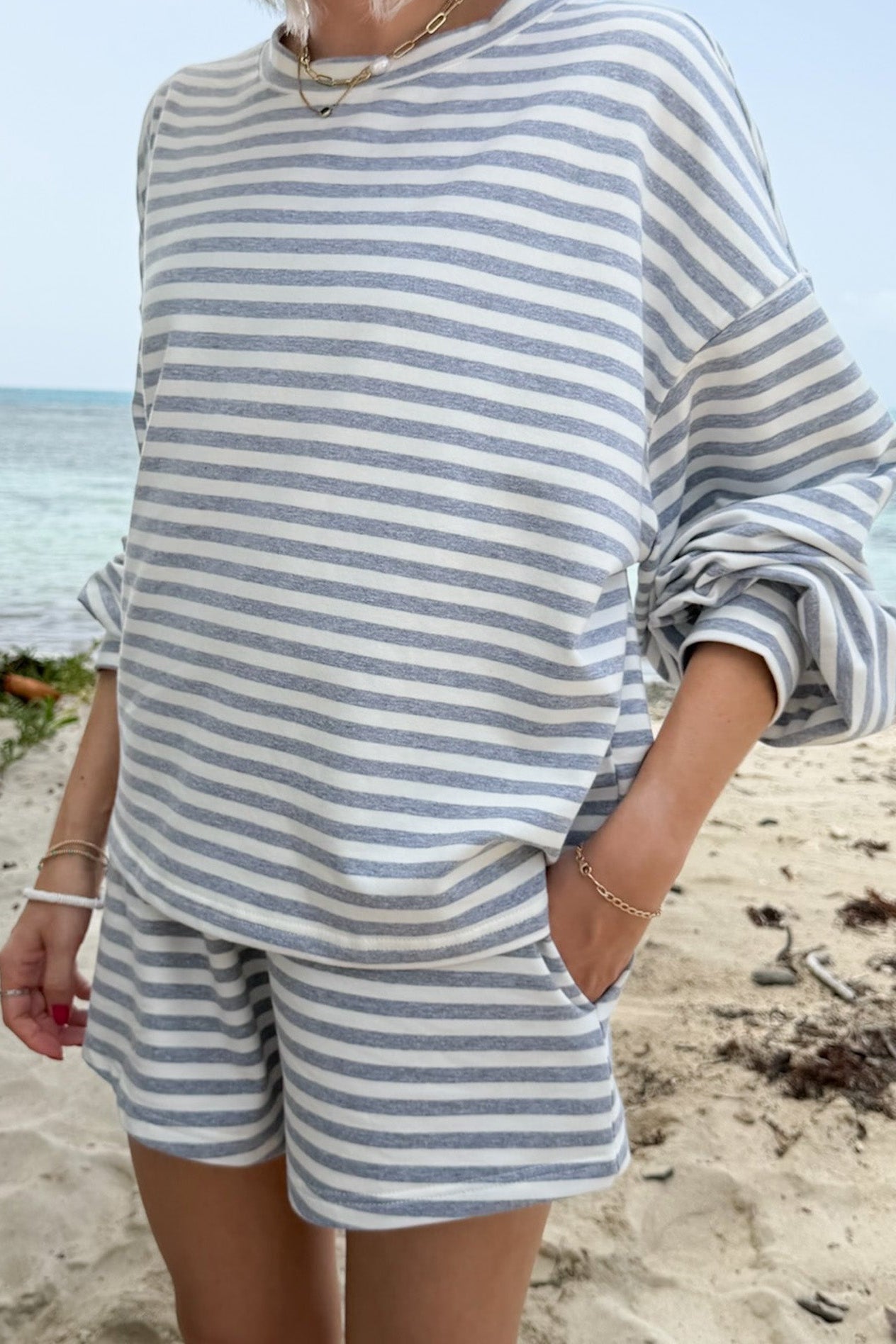 Daily Lightweight Cotton Striped Shorts in Heather Grey - Neutral Ground