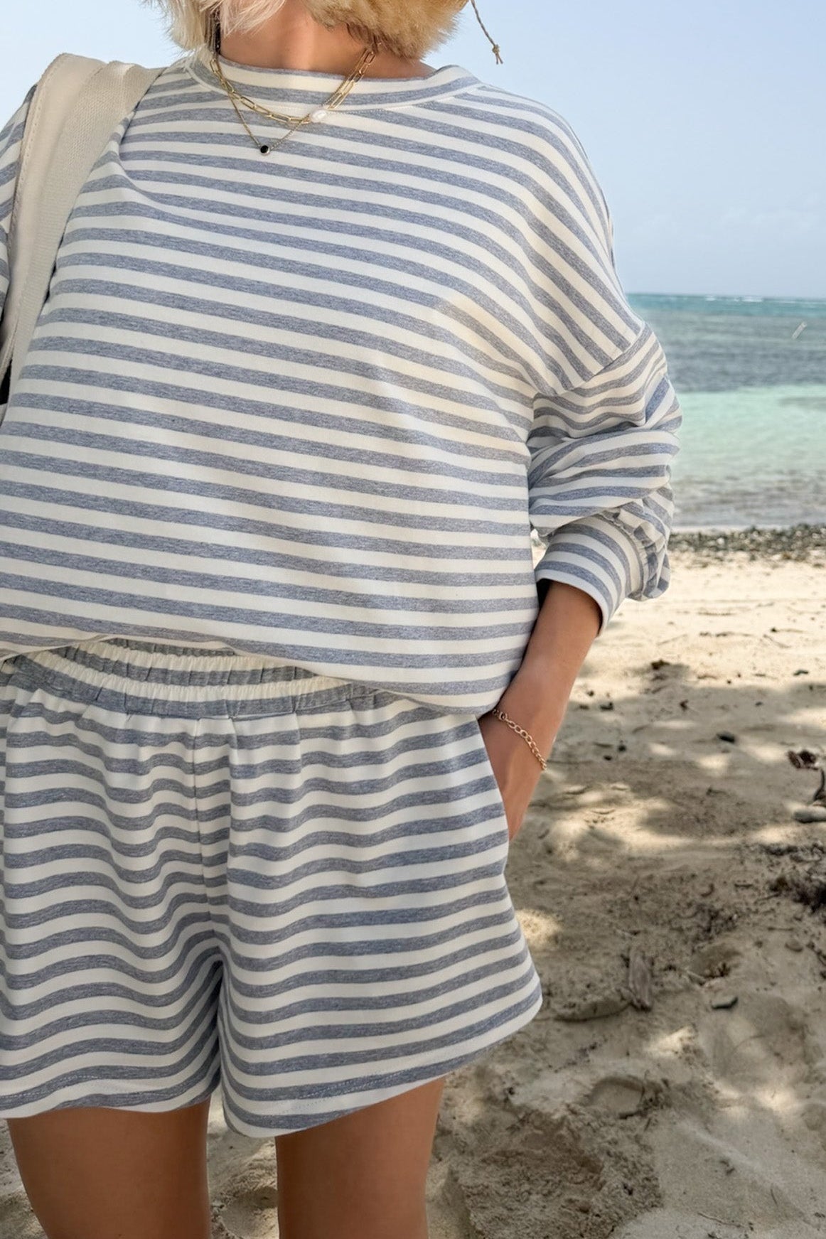 Daily Lightweight Cotton Striped Shorts in Heather Grey - Neutral Ground