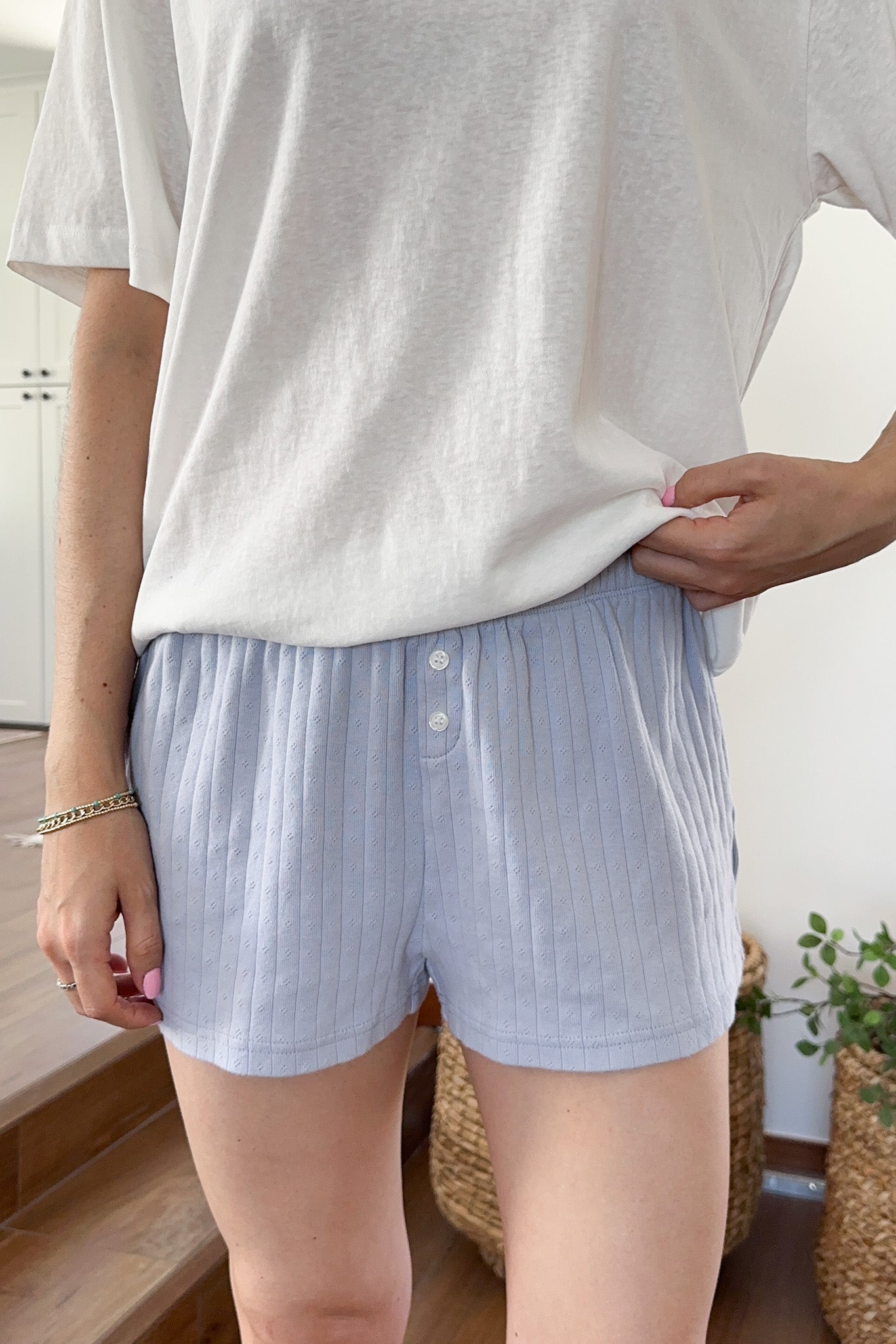 Daisy Pointelle Ribbed Knit Shorts in Dusty Blue - Neutral Ground